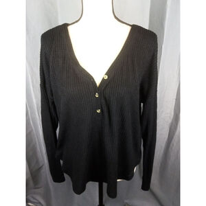 Women's Colsie Black Ribbed Long Sleeve Henley Top, size L